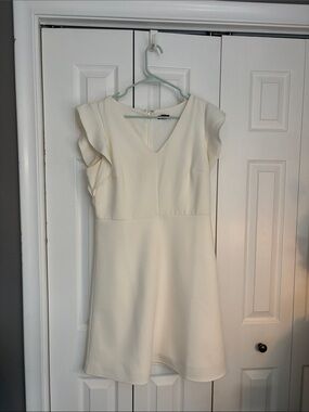Ann Taylor Factory Cream V-Neck Mini Dress with Ruffle Sleeves